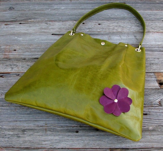 LAST ONE - Leather Pleated Tote Bag  - Large Handbag  - Purple Flower on Distressed Kiwi