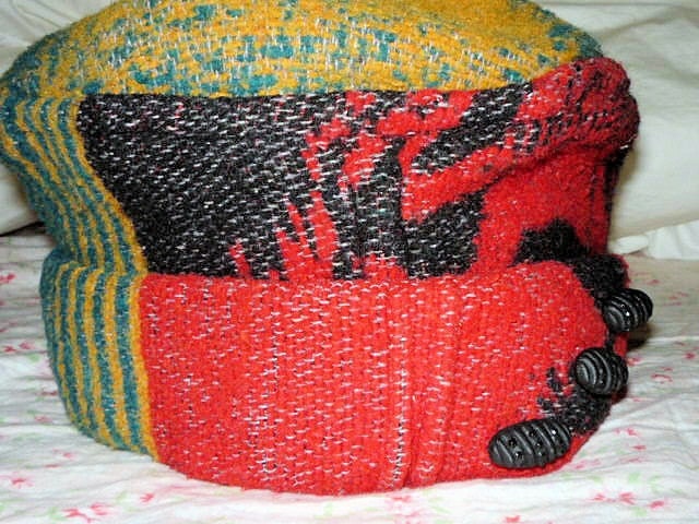 Cute Upcycled and Very Warm Rolled Hem Hat with Vintage Style Buttons M/L