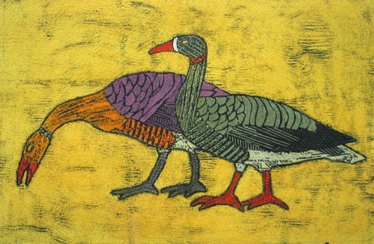 Goose and Gander 1 - Original Fine Art Collagraph of Large Birds on Bright Yellow