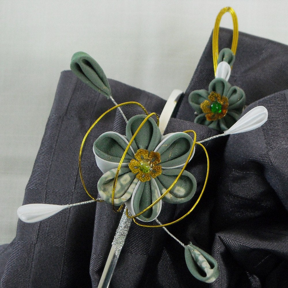 Kanzashi Flower Hairband and Buttonhole Flower - Green