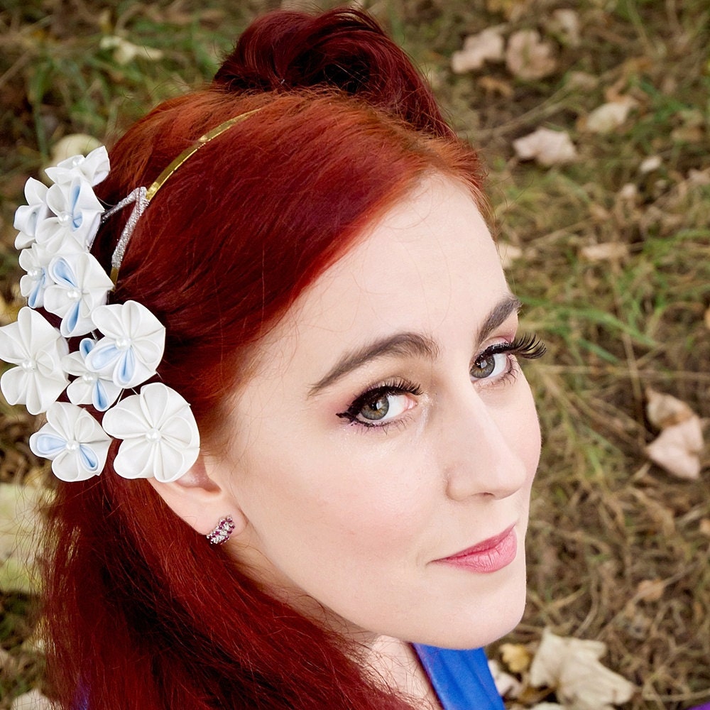 Wedding Blue and White Kanzashi Hair Band, Bridal Hair Accessory, Wedding Hair Flower