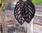 Black Filigree Wood Leaf Earrings with Sterling Silver Earwire(Ready To Ship)