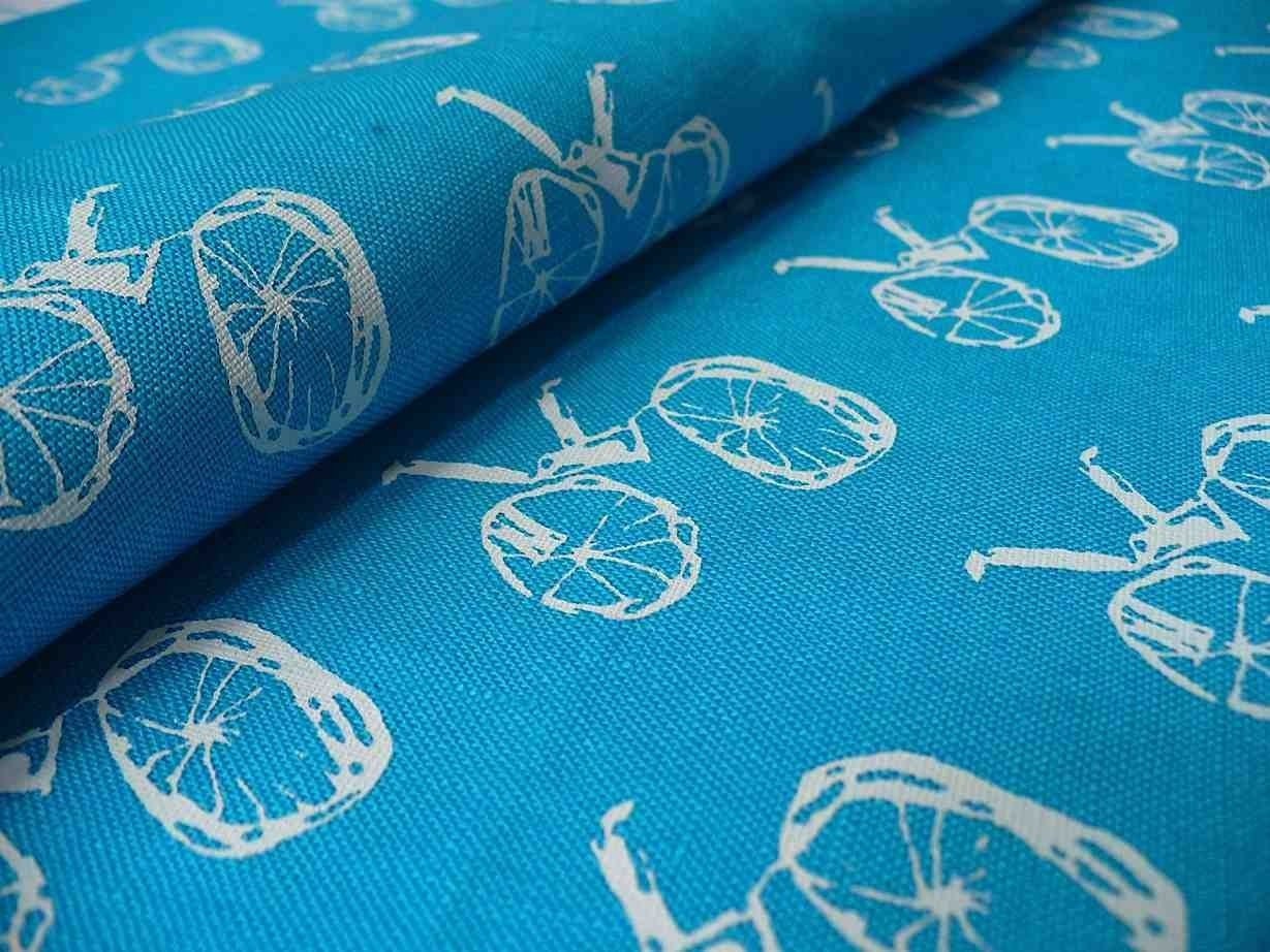SALE screen printed fabric printed white on pale blue BIKE DESIGN