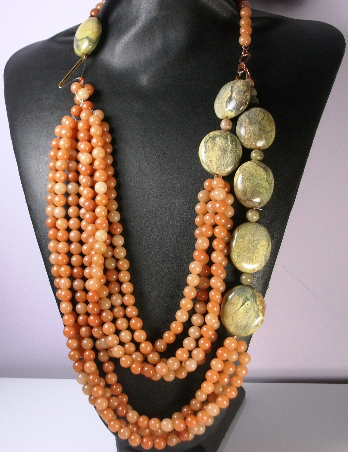 Statement Necklace, Beaded Orange, Green
