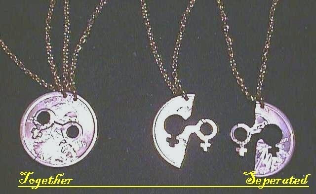 Hers & Hers cut coin  Puzzle Necklaces GAY / LESBIAN , NO 2 alike , each one unique