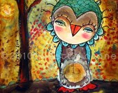 Whimsical Owl Print - 8x8 inch Print of a Reproduction of the Original Mixed Media Painting Autumn Wind by Juliette Crane