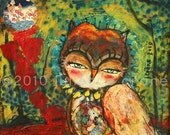 Whimsical Owl Art - 8x8 inch Print of a Reproduction of the Original Mixed Media Painting With You I Am Warm by Juliette Crane