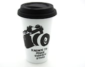 Camera Travel mug- Sudden Stops-  Double Walled Porcelain with Lid Kiln Fired