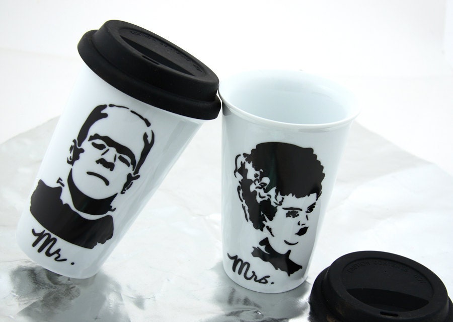 Mr and Mrs Travel Mug Set with Bride of Frankenstein and Frankenstein Monster