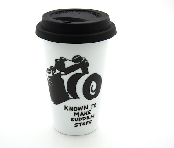 Camera Travel mug- Sudden Stops-  Double Walled Porcelain with Lid Kiln Fired