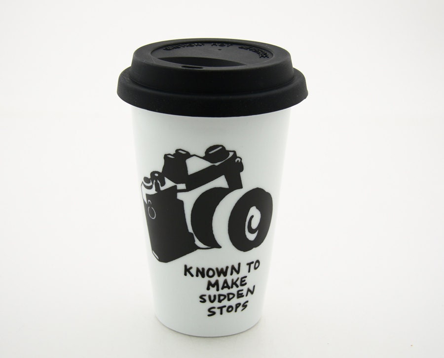 Camera Travel mug- Sudden Stops-  Double Walled Porcelain with Lid Kiln Fired
