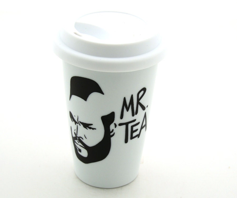 Mr T Tea Travel Mug Double Walled Porcelain Eco cup with Lid Kiln Fired