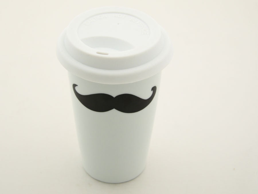 Moustache / mustache Travel Mug Double Walled Porcelain with Lid Kiln Fired