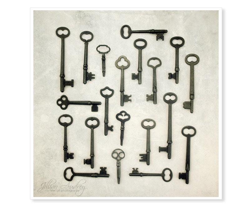 The Key Collection 8x8 Fine Art Photograph Print - square format - skeleton keys - modern wall art wall decor art - photography gray