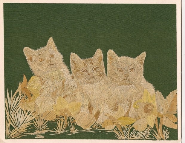 Cats. Are you lover of cats. Handmade with leaves of rice plant.  Leaf art original thousands of tiny pieces of rice straw used in this art.