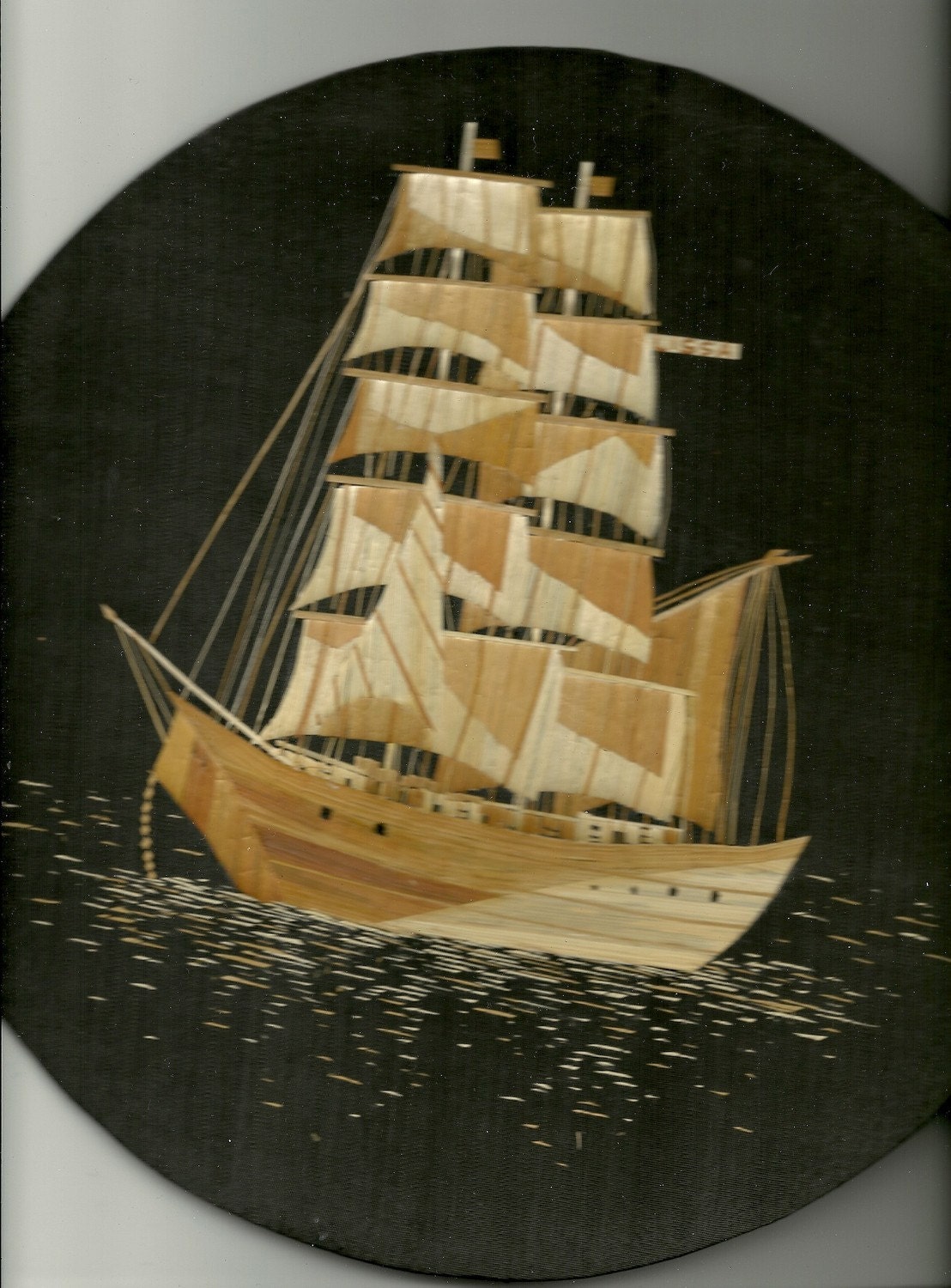 Sailing ship handmade with leaves of rice plant  Round size 11 inches ready to hang on wall hook