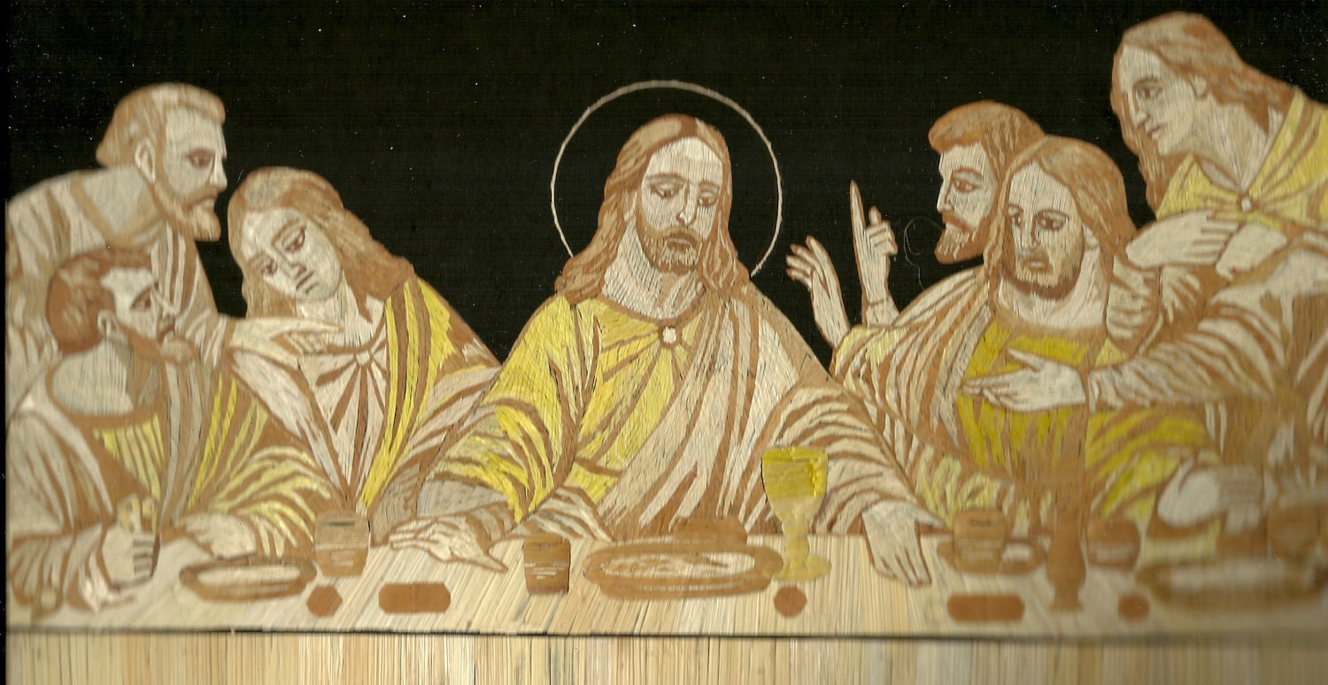 The LAST SUPPER  Leanardo da Vinci's Master piece on Rice Straw art.  ETSY Handmade leaf art portrayal of the Last Supper