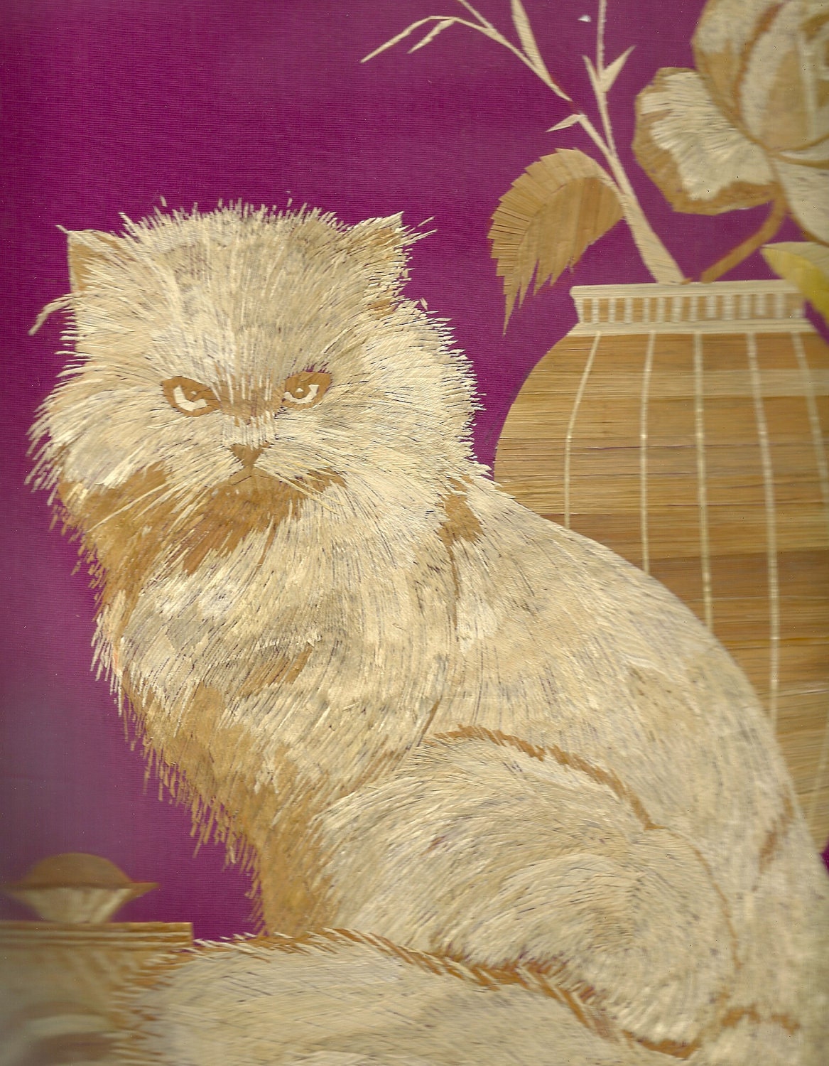 Cat Lovers Dream CAT by the flower bouquet  ETSY Handmade with dried leaves of rice plant Size 16 X 20 inches. Ready to frame