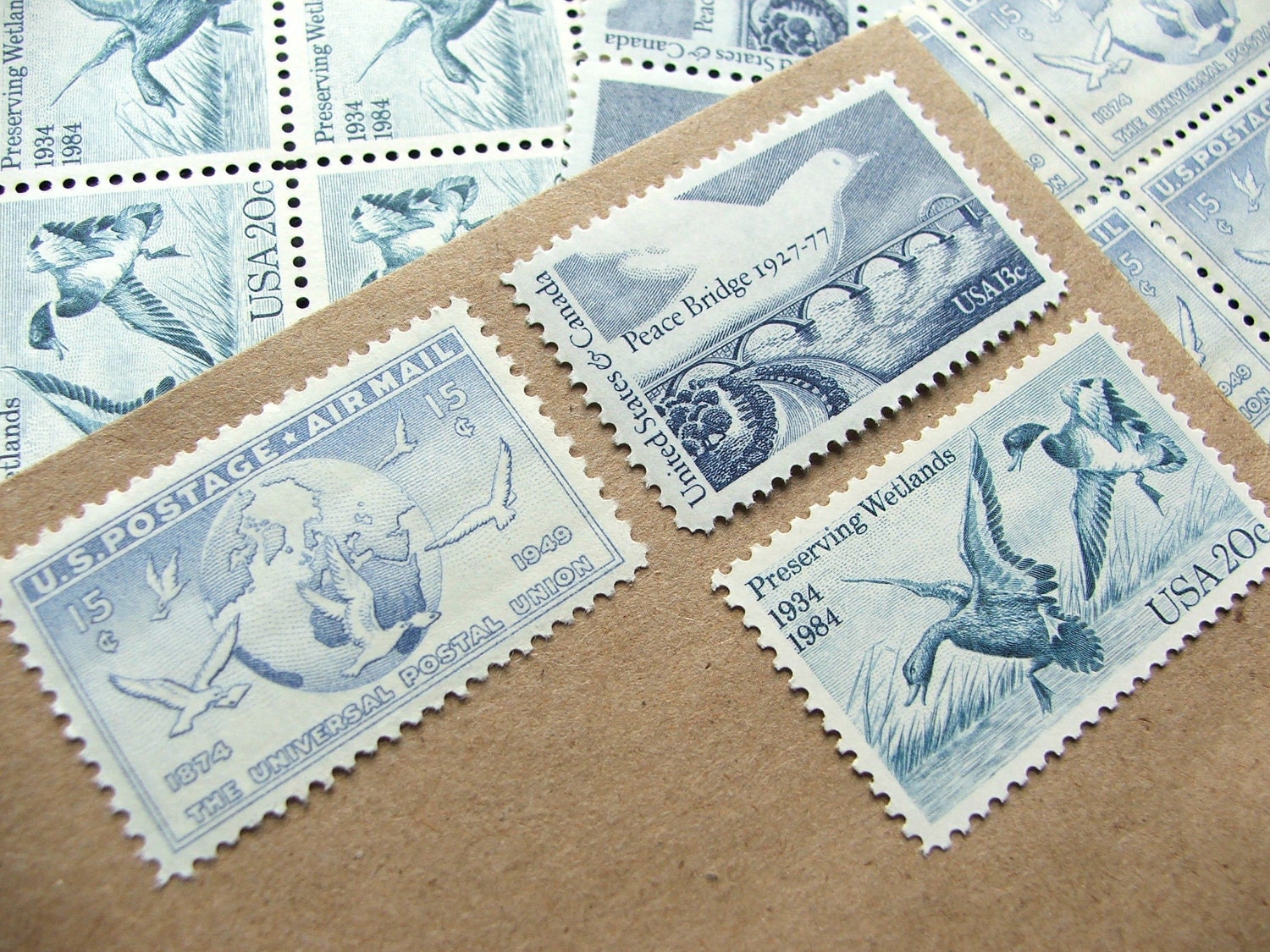Birds.. in Blue .. Vintage UNused Postage Stamps .. to post 5 letters
