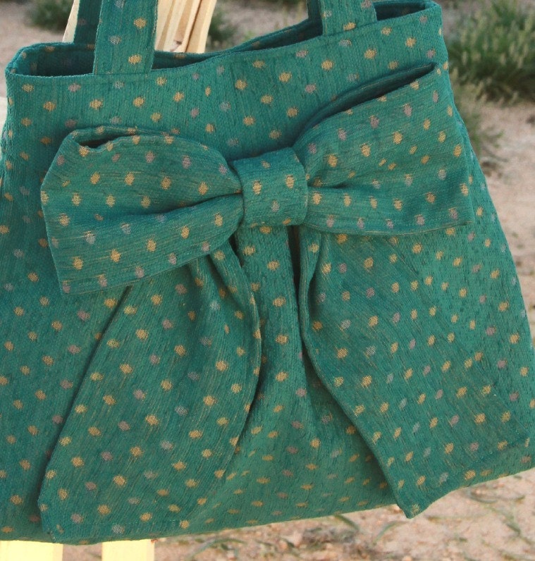 Teal and Polkadots Bow Bag / Purse w/ Double handles