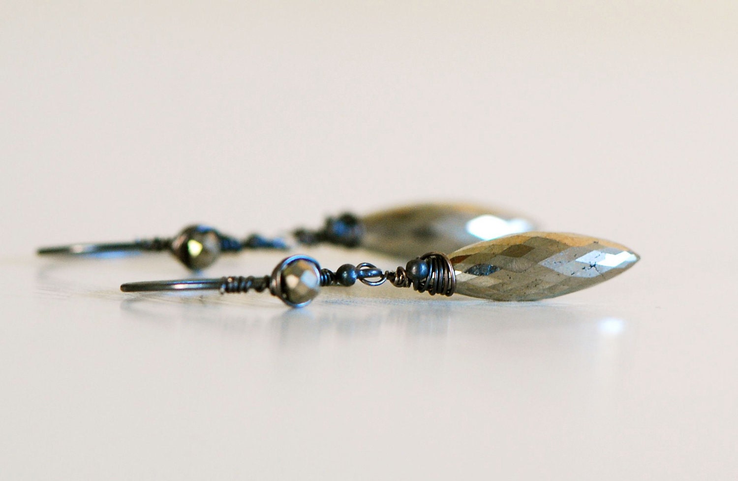 Pyrite briolette Earrings wire wrapped oxidized Sterling Silver faceted AAA drop grey metalic gold