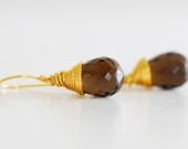 Briolette Earrings smoky Quartz wire wrapped brown Gemstone  Stone 24k gold vermeil