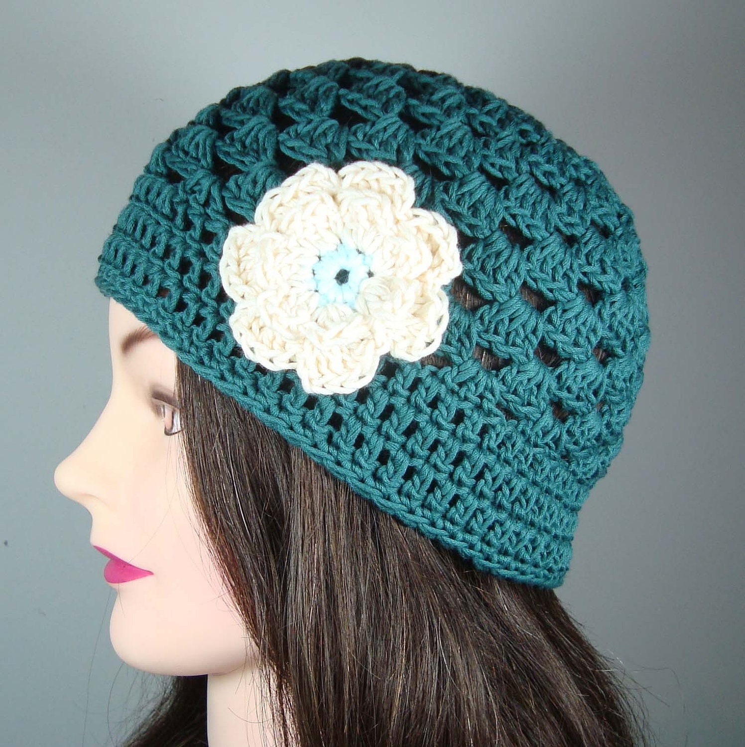 Organic Cotton Beanie Hat in Teal with Cream, Ice Blue Flower