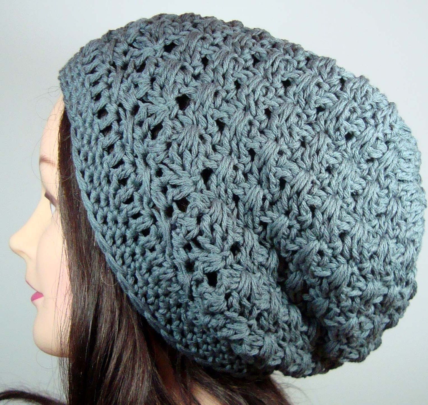 Lattice Criss-Cross Slouch Beanie Hat Tam in Slate Gray