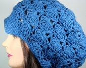 Organic Cotton Newsboy Hat, Crochet Shells in Royal Blue
