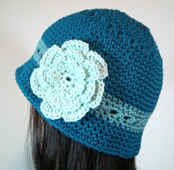 Cloche Hat in Teal with Mint Green Flower
