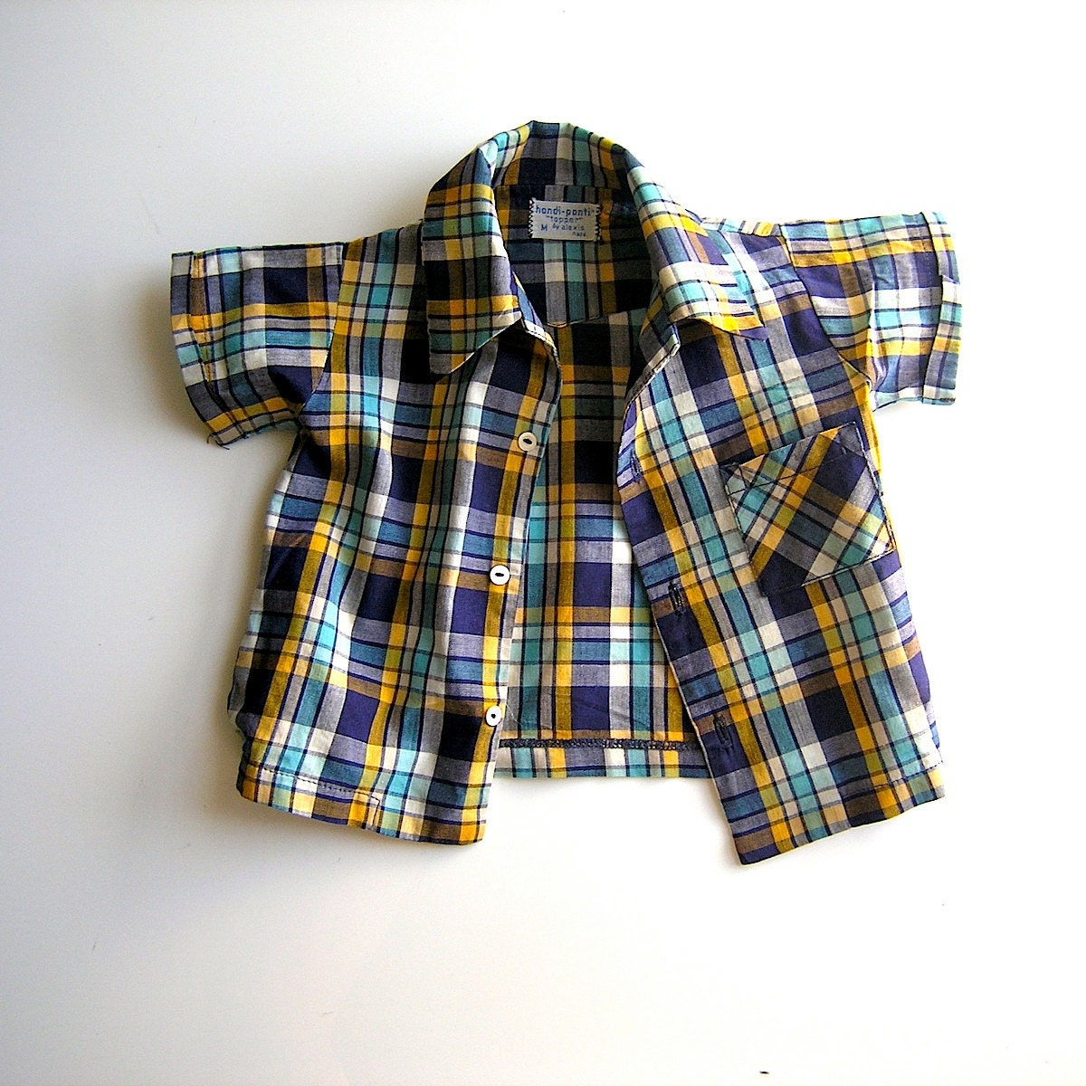 60s boys shirt - teal madras plaid - Handi Panti topper by Alexis - sixe M - Mad Men infant summer chic