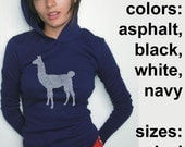 Llama Hooded Long Sleeve T-Shirt, American Apparel Hoodie with Water Based Ink