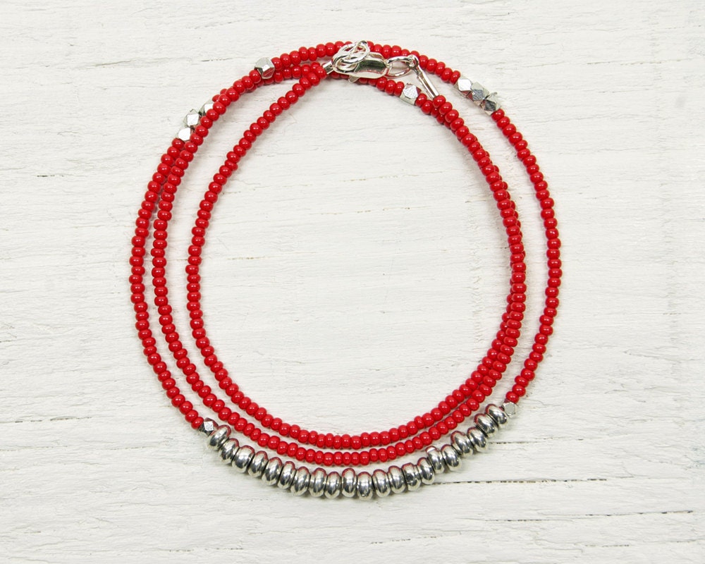Seed Bead Necklace // Everyday // Red and Silver
