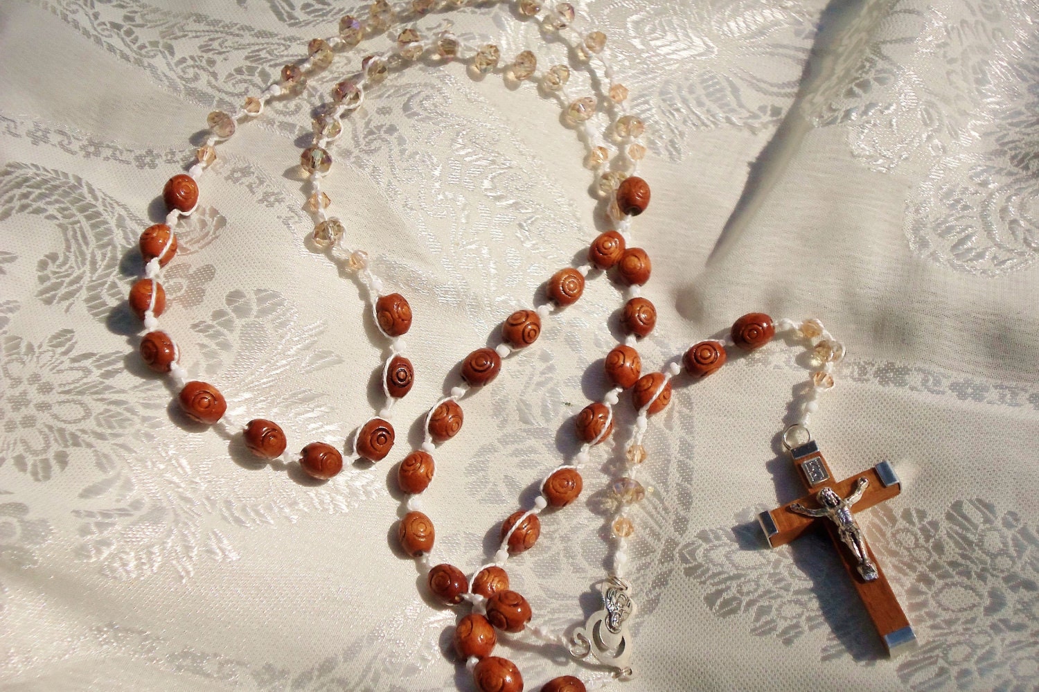 Wood & Crystal - Rosary Beads Necklace