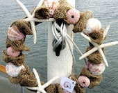 BEACH DECOR BURLAP wreath, nautical wreath, pink sea urchins, striped shells, starfish
