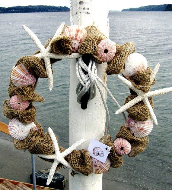 BEACH DECOR BURLAP wreath, nautical wreath, pink sea urchins, striped shells, starfish