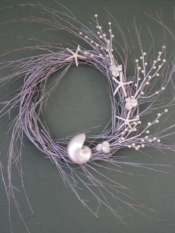 BEACH DECOR, seashell wreath, pearlized nautilus wreath, pearl wreath, driftwood toned