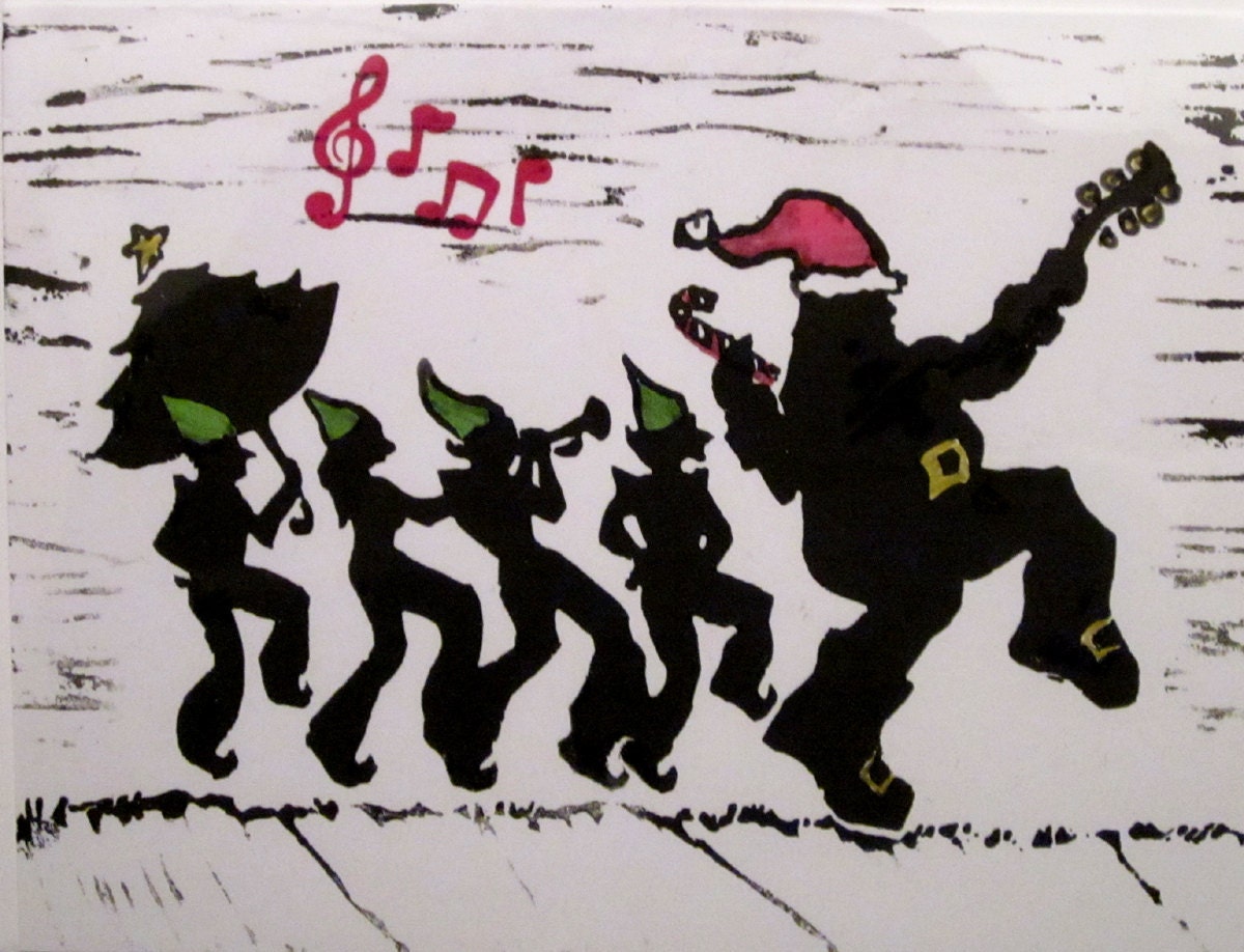Santa's Second Line New Orleans Christmas Card linocut print