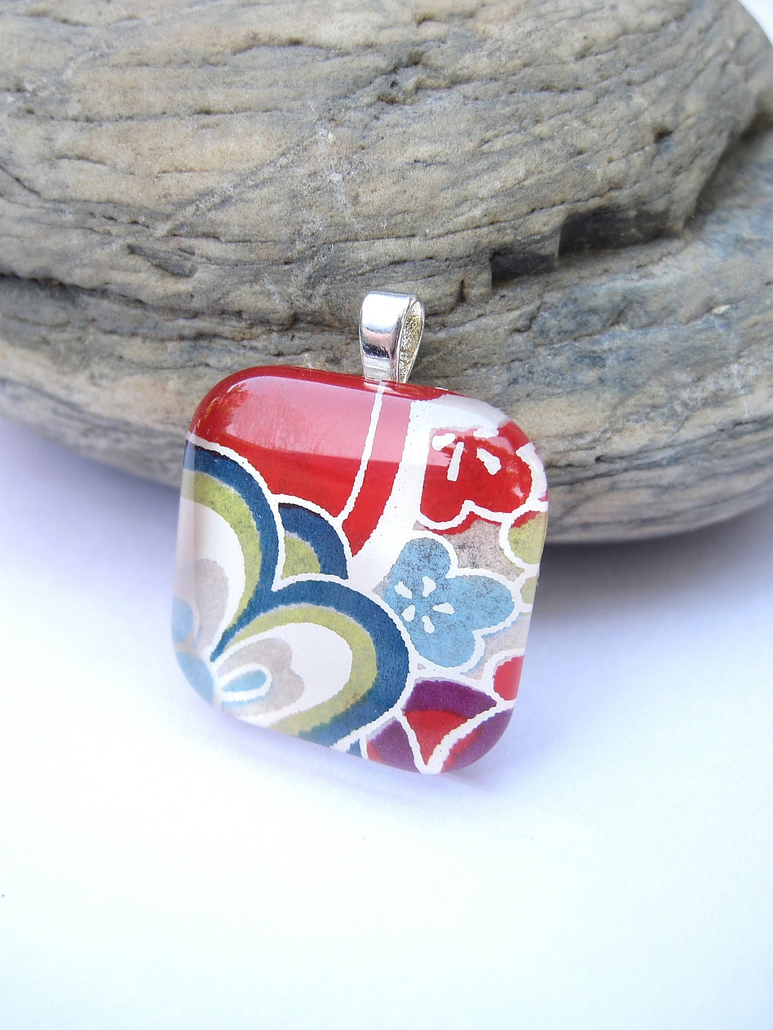 Chiyogami Rainbow Flower Premium Cut Square Glass Tile Pendant Ooak - One of a Kind - with chain