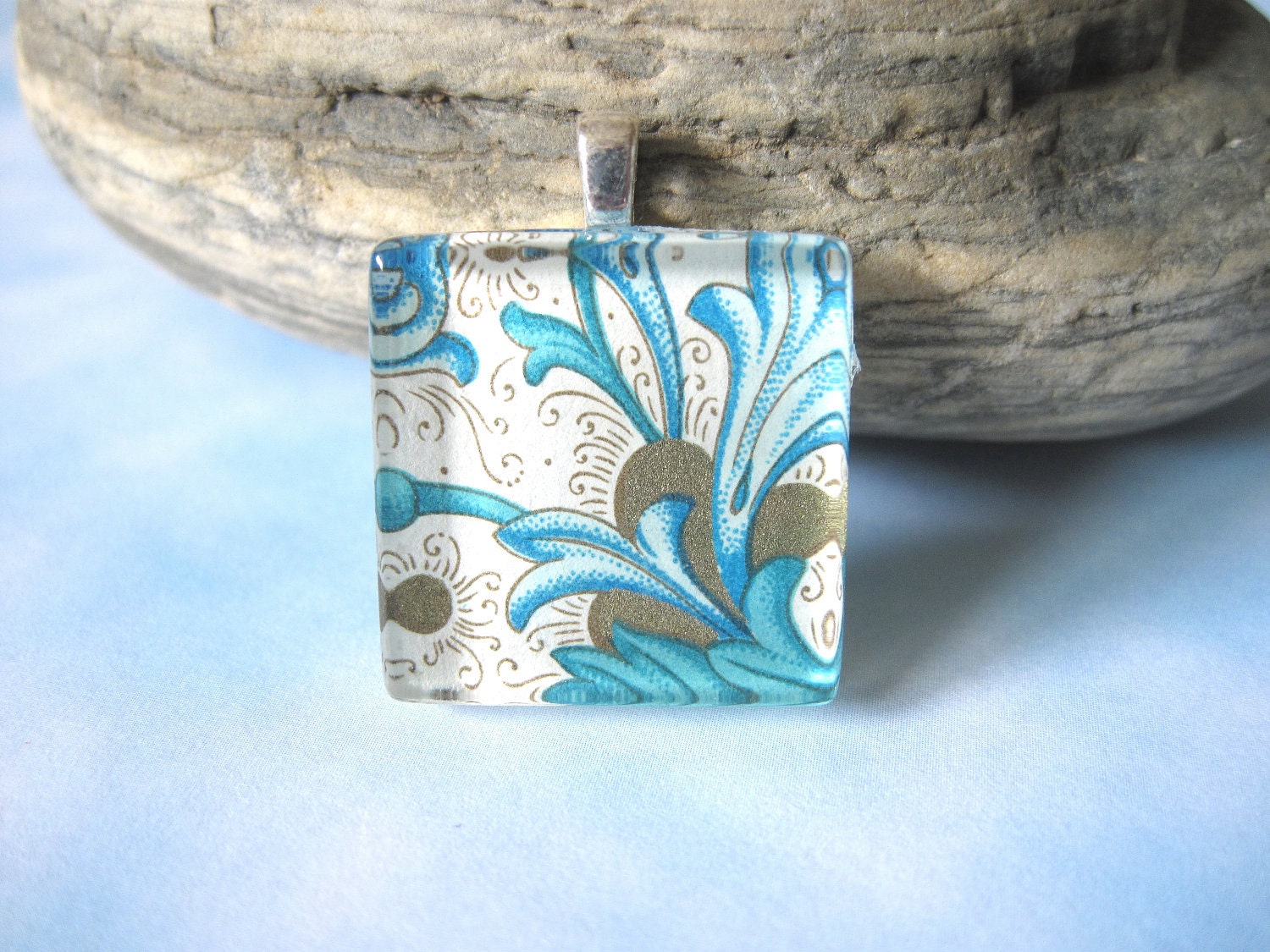 Blue Paisley Square Pendant. Italian Florentine Necklace. Italian Paper and Handmade Glass Tiles.