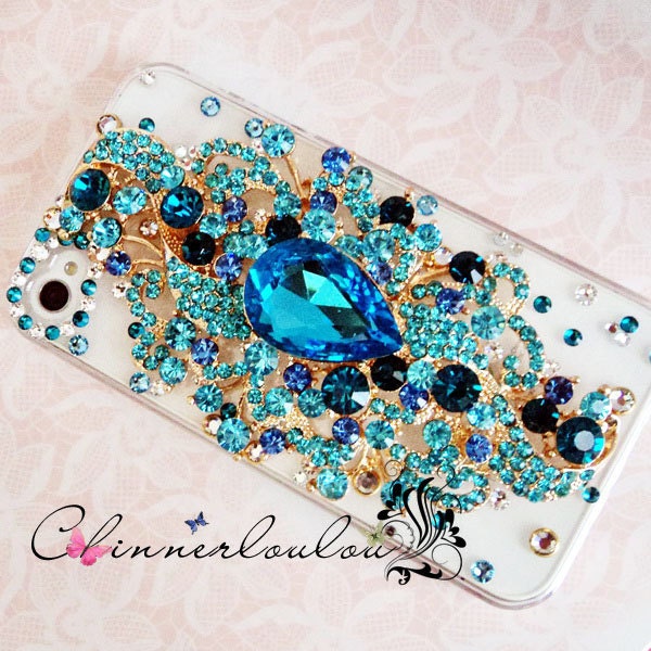 Apple Iphone Case 5 or 4s, Seafoam Blue Gem Mix Iphone rhinestone case