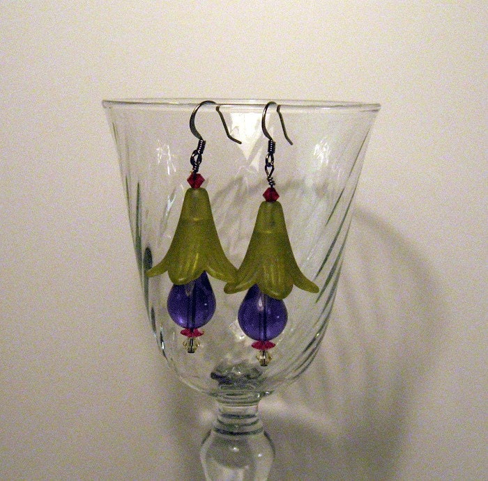 Flower Earrings - Green and Purple Lucite on Gunmetal