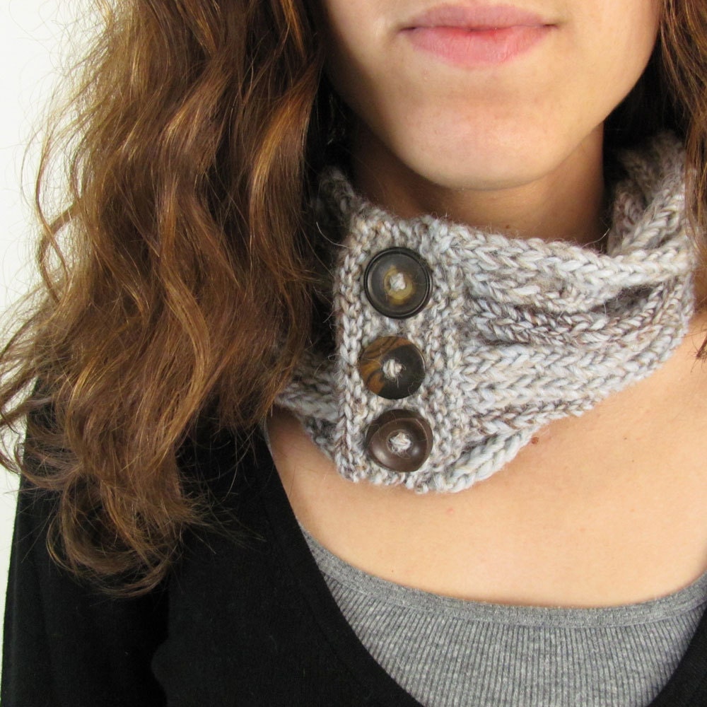 Pale Blue and Brown Handknit Stacked I-cord Cowl Scarf