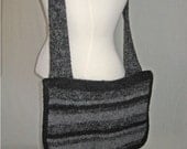 SALE... Hand Knit and Felted Black and Grey Random Stripe Messenger Bag