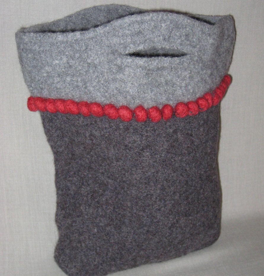 SALE... Hand Knit,  Felted Bobble Tote Bucket Bag - gray and red