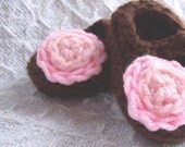 Chocolate Pink Crochet Booties Baby Shoes with Honeysuckle Pink Stacked Flower 0 - 3 months Shell Blush Salmon Strawberry Rose