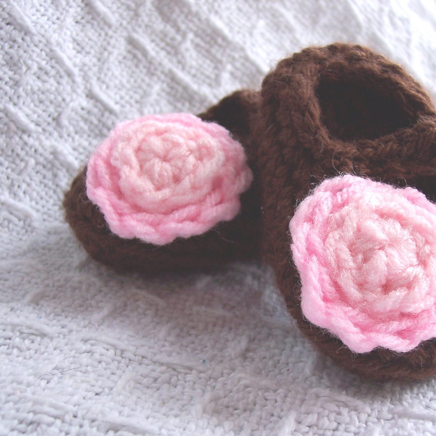 Chocolate Pink Crochet Booties Baby Shoes with Honeysuckle Pink Stacked Flower 0 - 3 months Shell Blush Salmon Strawberry Rose