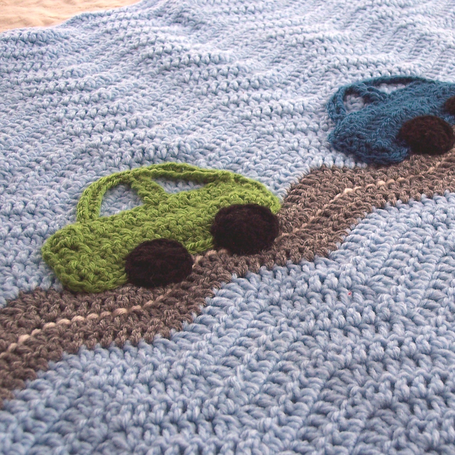 Crochet Cars Ripple Blanket  - A Baby Boy Ripple Afghan in Blue and Gray with Green, Blue, Red Car Appliques - 31 x 33 Size