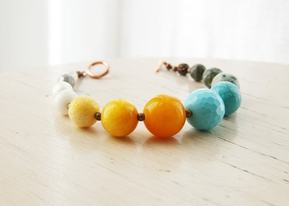 Yellow Sun, Sky Blue, Grey and Ivory Stone Beaded Bracelet Europeanstreetteam