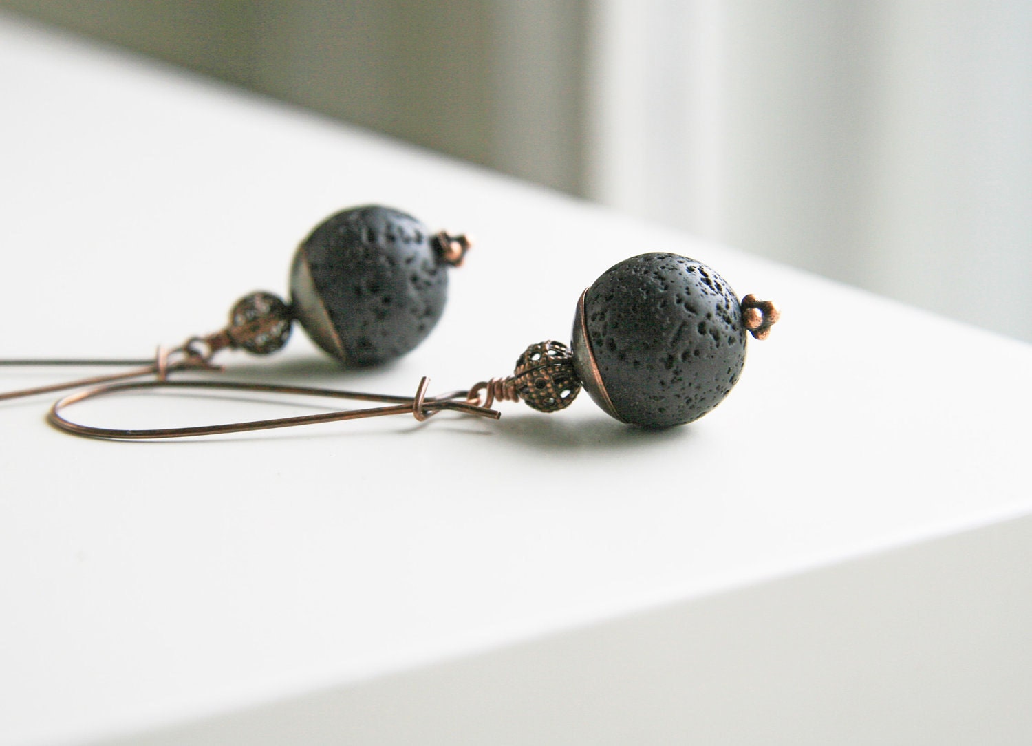 Black Jet Lava Earrings in Copper - 2 1/2 inch Dangle